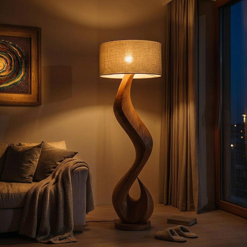 Modern Wooden Floor Lamp with Flowing Organic Form, Tall Standing Accent Light for Living Room Corner, Model