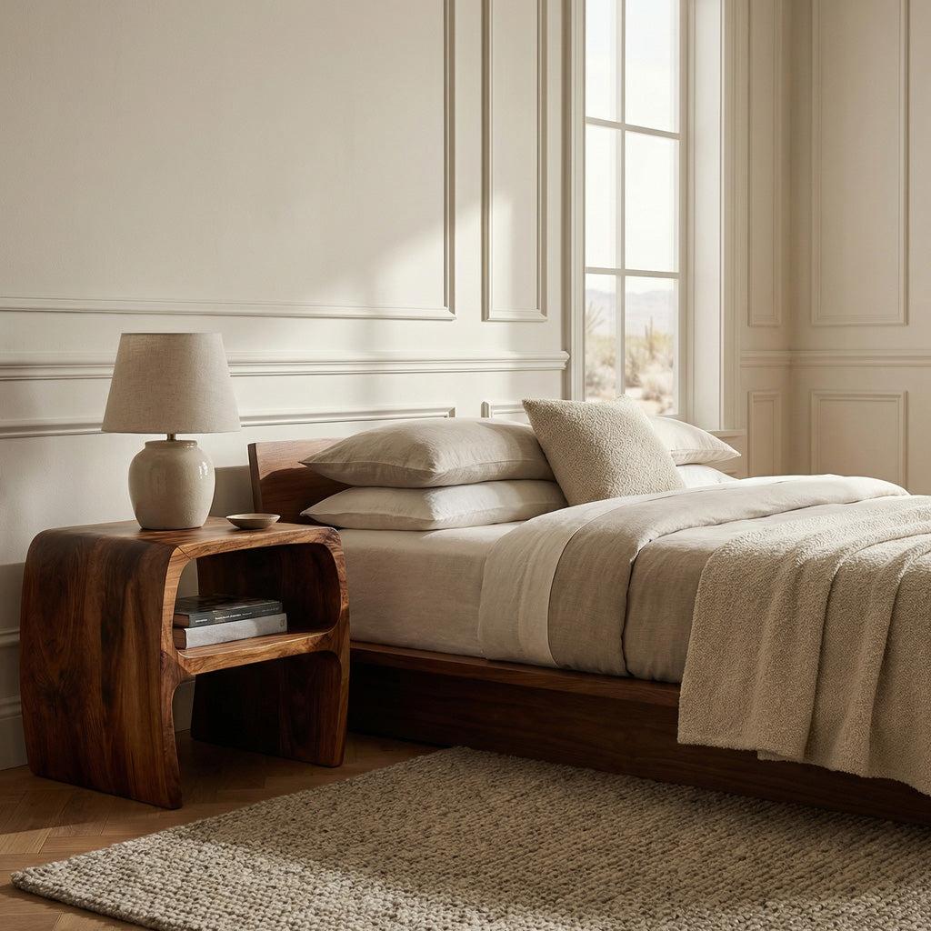 Spry Interior Modern Sculptural Wooden Nightstand with Open Storage Shelf, Unique Organic Bedside Table, Model RTTHHNNS025