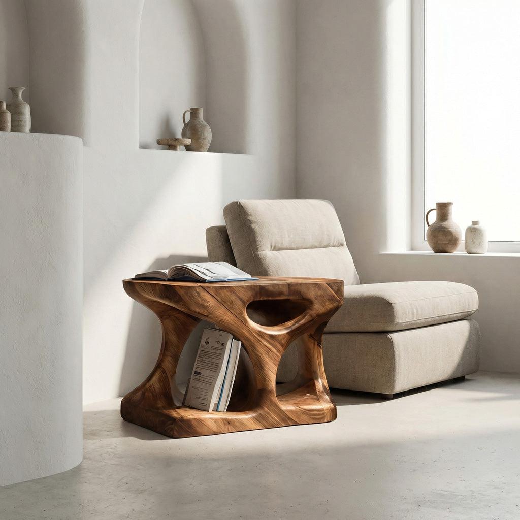Scandinavian Wooden Side Table, Minimalist Curved End Table with Open Storage Shelf for Living Room, Model