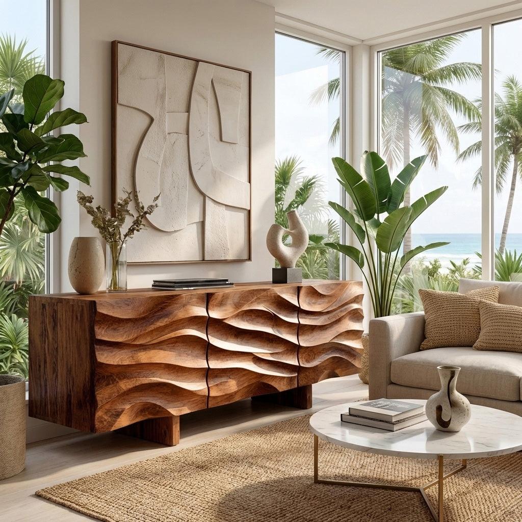 Organic Modern Wood Sideboard, Handcrafted Solid Wood Credenza & Storage Buffet Cabinet for Living Room, Model