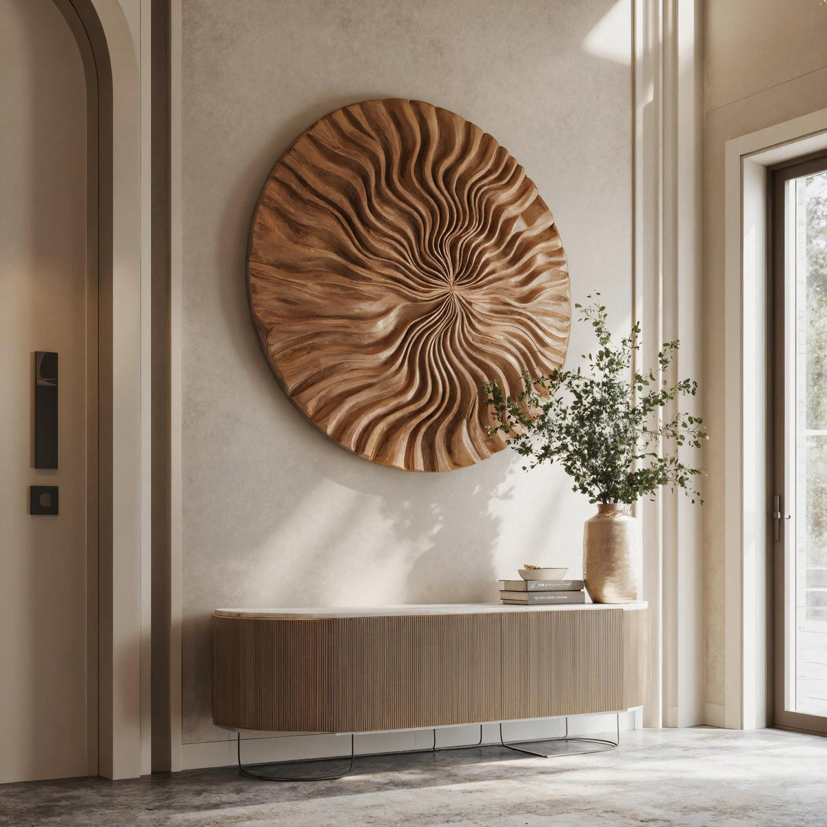 Round Wood Wall Art, 3D Ocean Wave Design Carved Wooden Panel, Modern Coastal Decor for Entryway & Bedroom