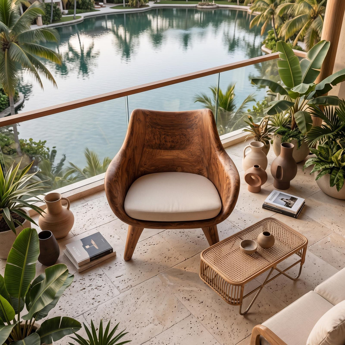 Modern Sculptural Lounge Chair, Handcrafted Wood Accent Armchair with Artistic Curved Frame for Living Room