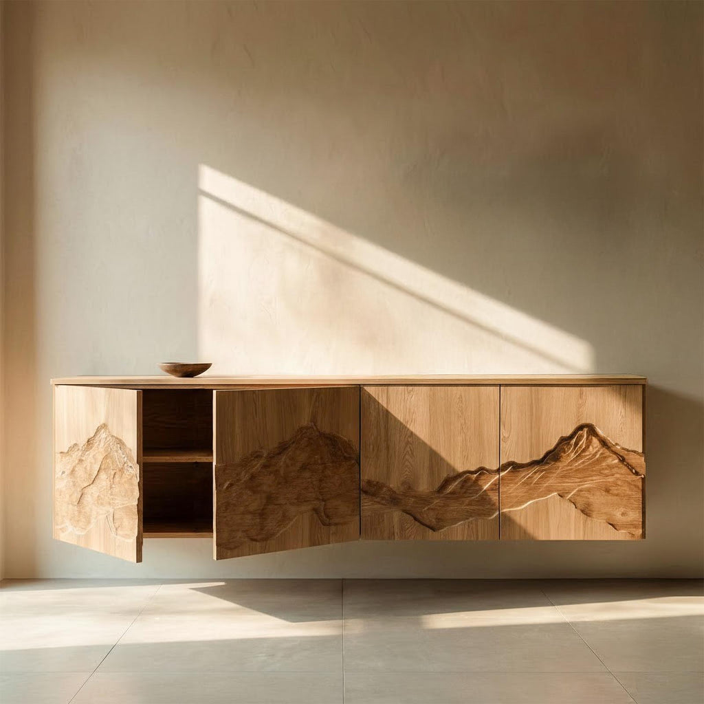 Rustic Mountain Art Wood Console Table, Handcrafted Solid Wood Entryway Credenza Sideboard Cabinet