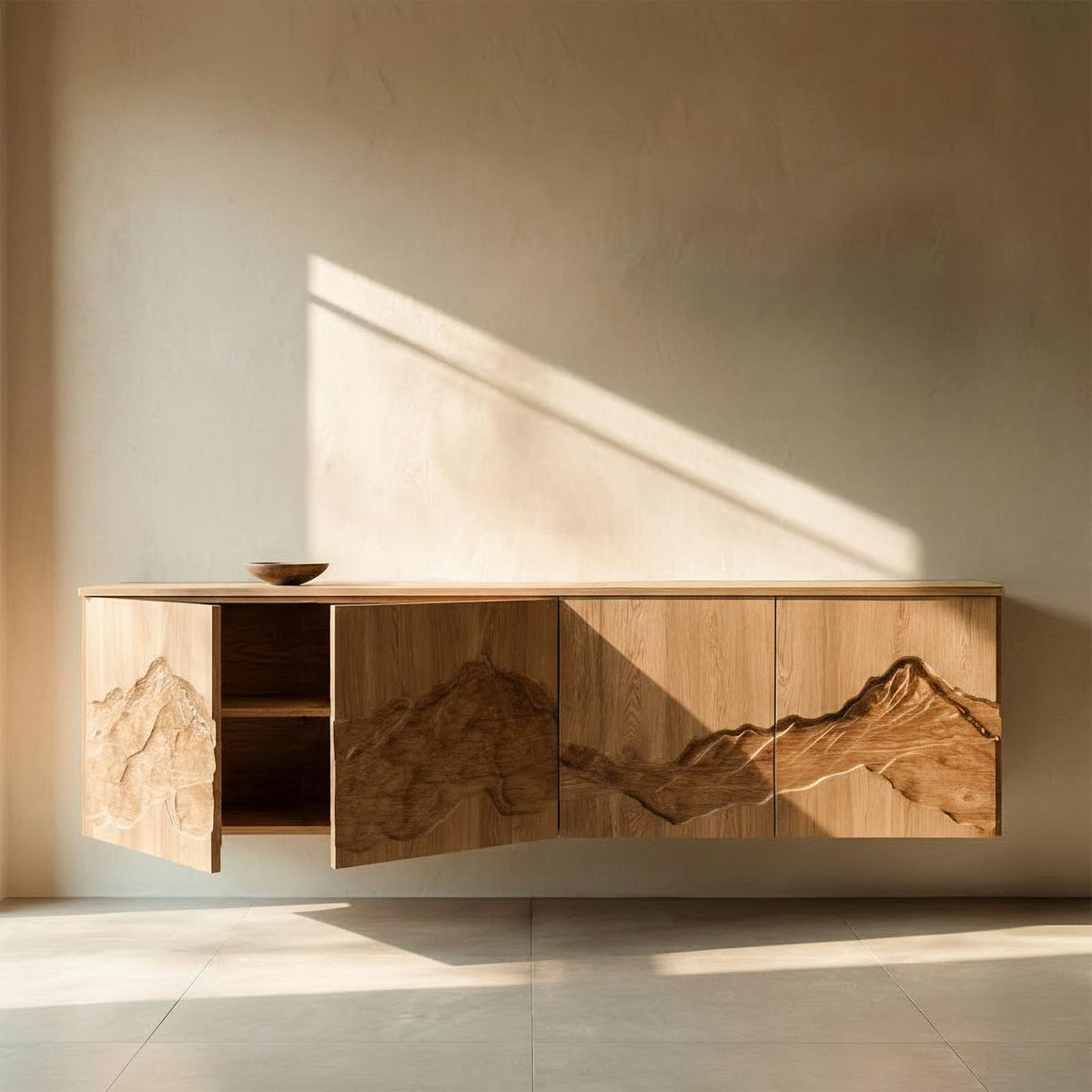 Rustic Mountain Art Wood Console Table, Handcrafted Solid Wood Entryway Credenza Sideboard Cabinet