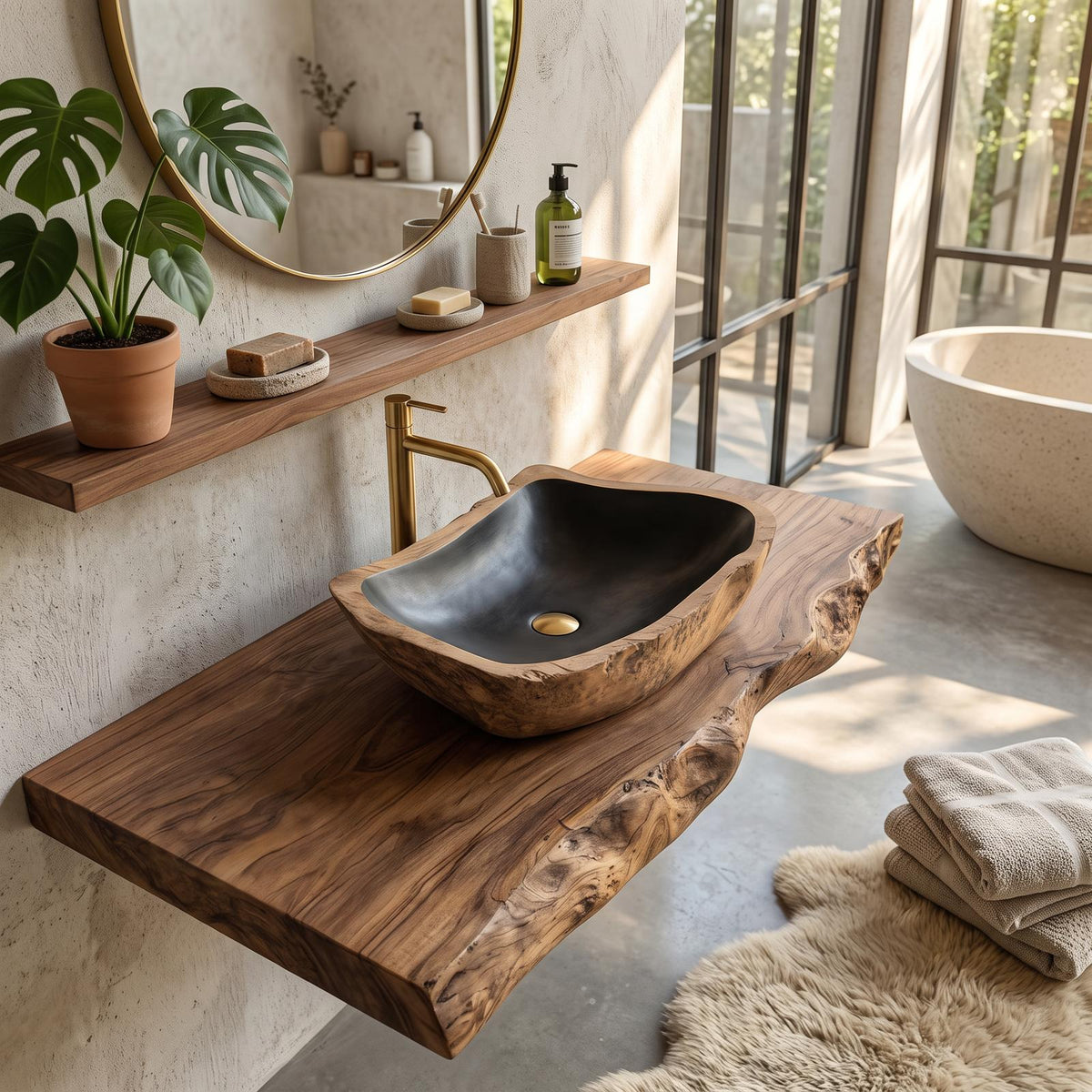 Rustic Mid Century Solid Wood Sink For Bathroom Decor