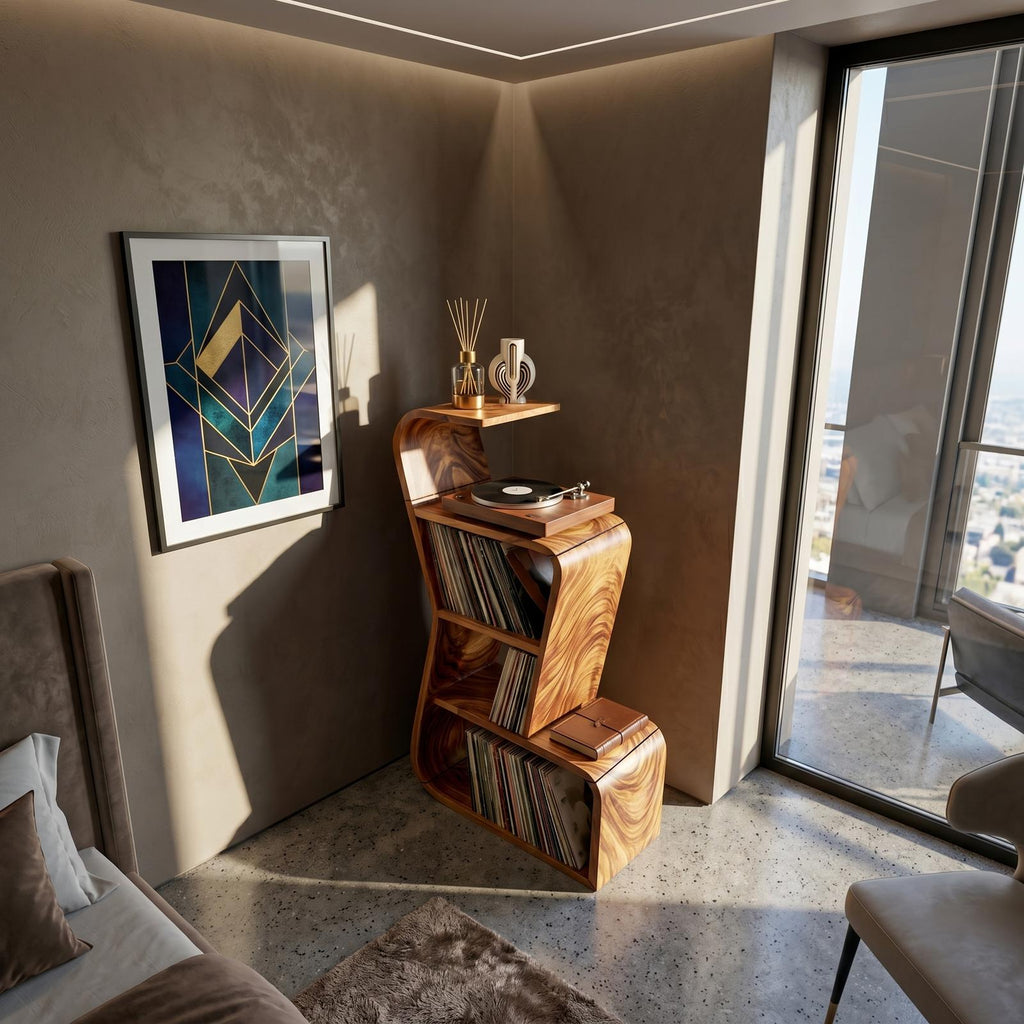 Modern Sculptural Wood Vinyl Record Stand, Handcrafted Premium Turntable Cabinet & LP Storage Rack, Model