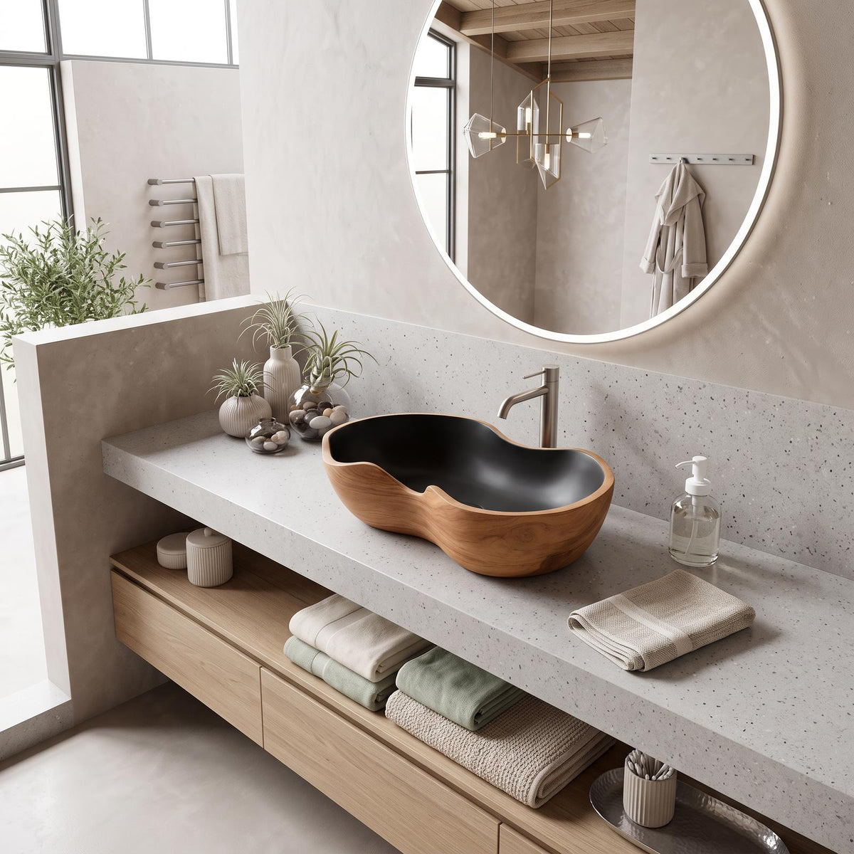Mid Century Handcrafted Wood Wash Basin For Bathroom Use