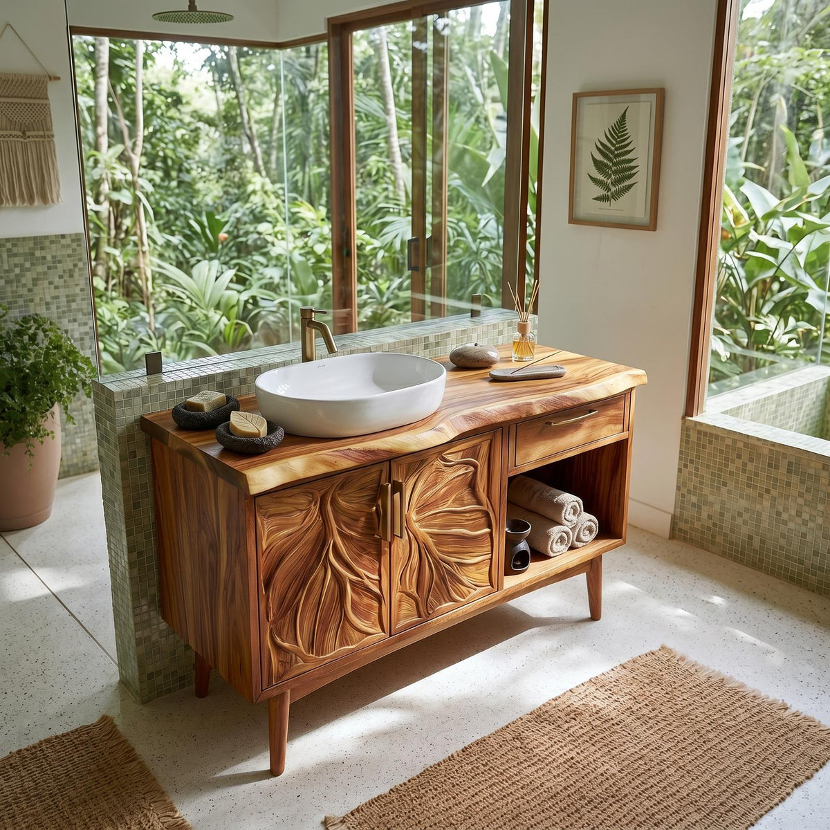 Tropical Wooden Vanity Cabinet with Carved Doors, Handcrafted Solid Wood Spa Bathroom Storage Console