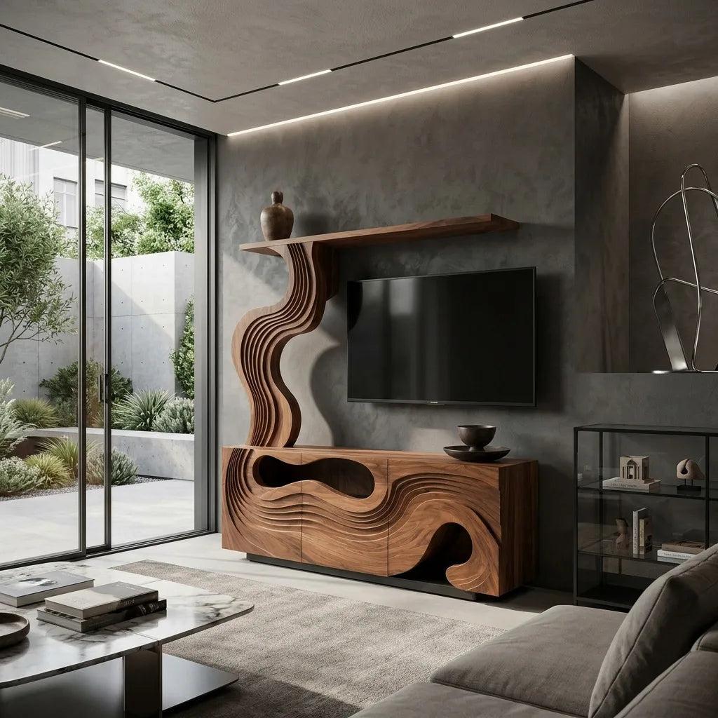 Sculptural Carved Wooden TV Stand With Display Shelf For Living Room