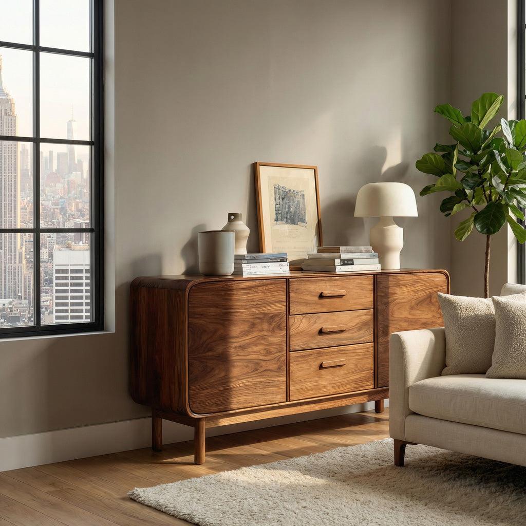 Spry Interior Modern Organic Sideboard with Center Drawers, Handcrafted Solid Wood Credenza Buffet Cabinet for Living Room, Model RTTHHNSD017