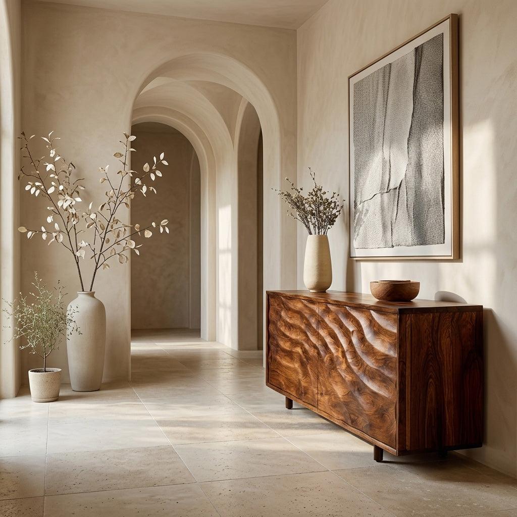 Spry Interior Contemporary Wooden Sideboard with Carved Doors, Handcrafted Solid Wood Credenza Storage Cabinet for Home, Model RTTHHNSD042