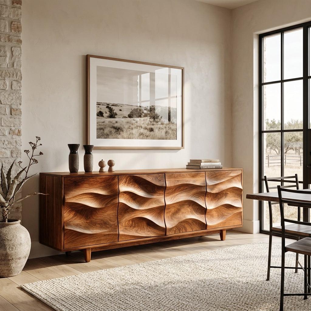 Rustic Wooden Sideboard with Undulating Doors, Handcrafted Solid Wood Credenza Storage Cabinet for Living Room, Model