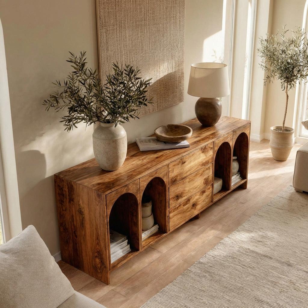 Spry Interior Modern Wooden Sideboard with Arched Compartments, Handcrafted Solid Wood Credenza Cabinet for Living Room, Model RTTHHNSD033