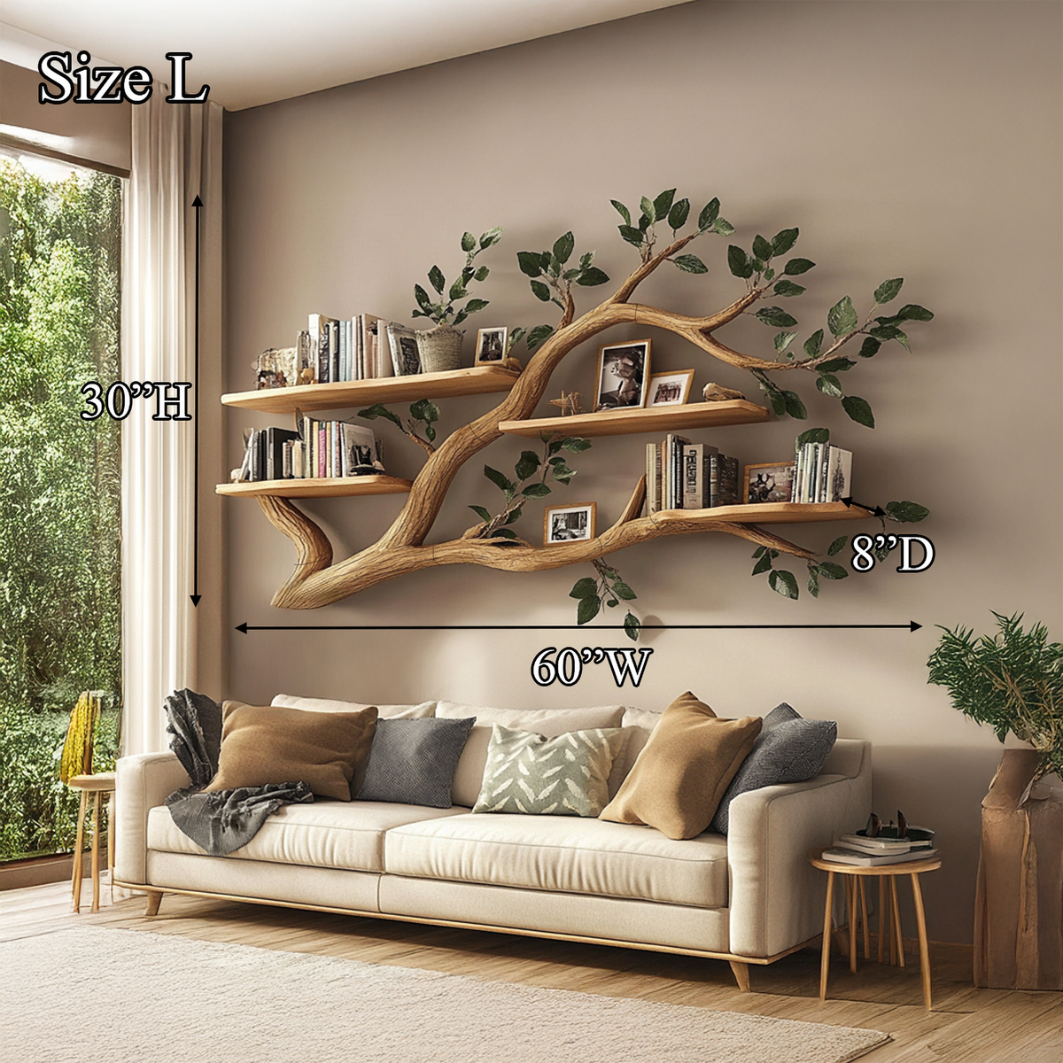 Rustic Wall Mounted Branch Bookshelf, Solid Wood Hanging Floating Bookcase & Decorative Display for Living Room Storage