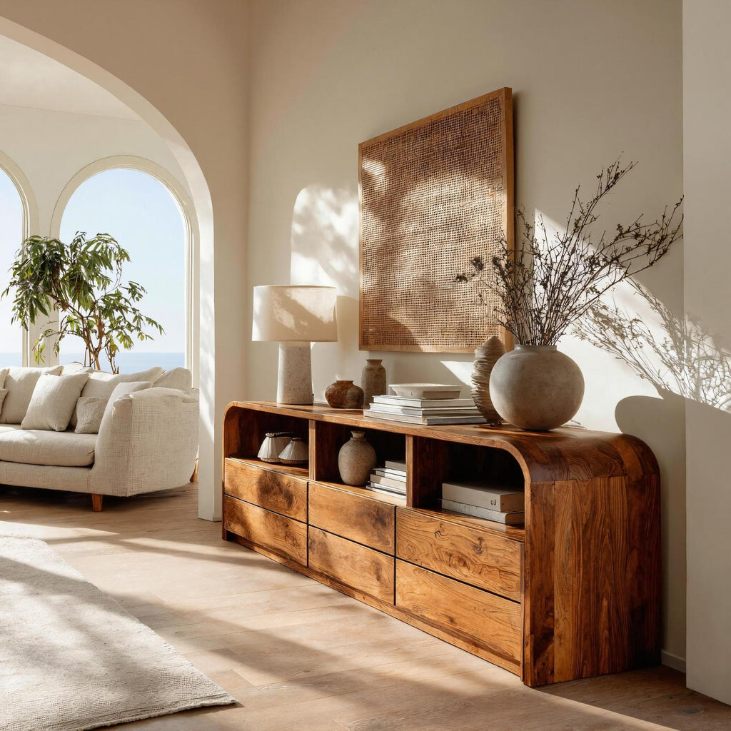 Modern Natural Wood Sideboard with Open Shelf, Handcrafted Solid Wood Credenza Cabinet for Living Room, Model