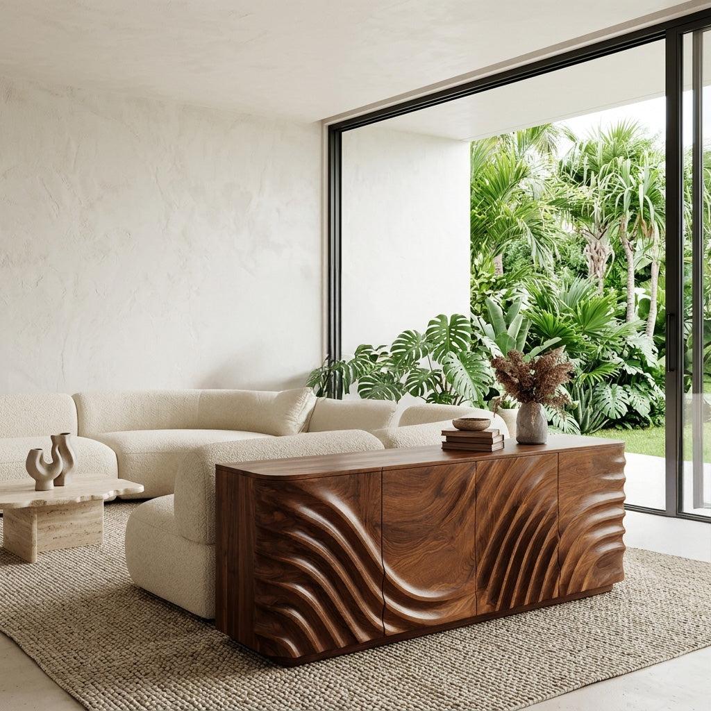Spry Interior Modern Wooden Sideboard with Carved Door, Handcrafted Solid Wood Credenza Cabinet for Minimalist Living Space, Model RTTHHNSD039