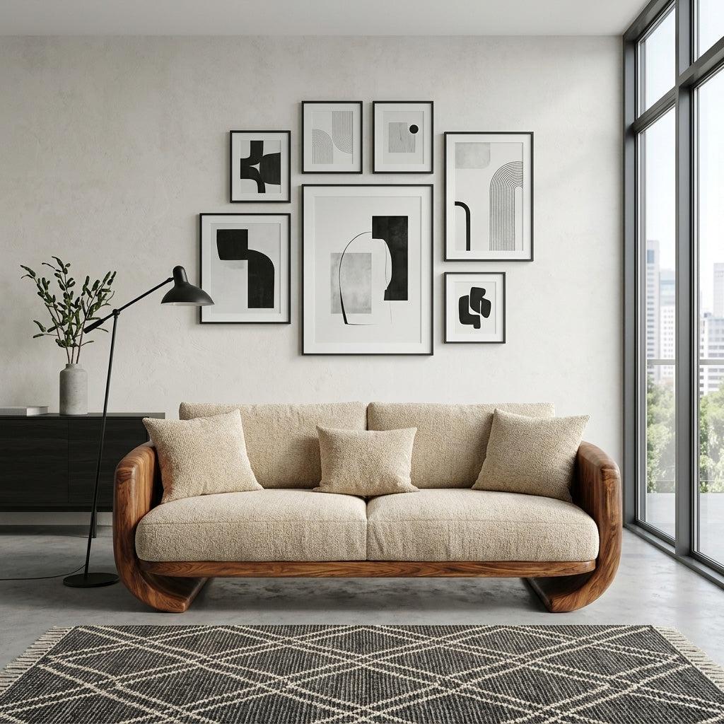 Organic Modern Curved Wood Sofa, Contemporary Lounge Settee, Artistic Designer Couch for Living Room Decor