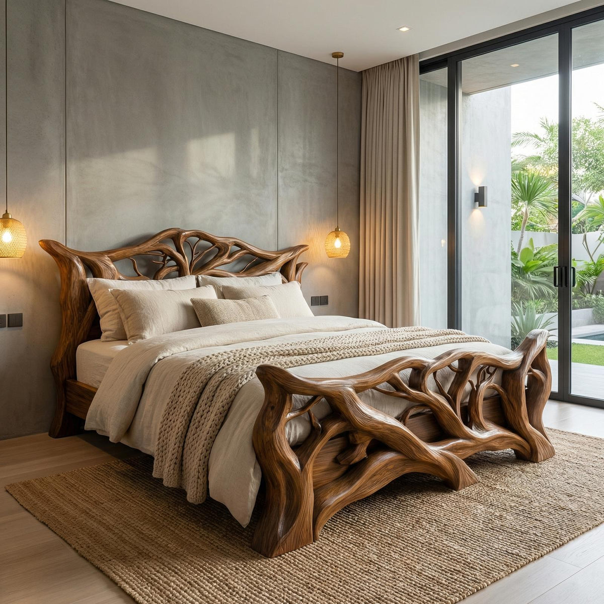 Minimal Organic Bed Frame Solid Wood Smooth Flowing Design Bedroom SINLHAWB114