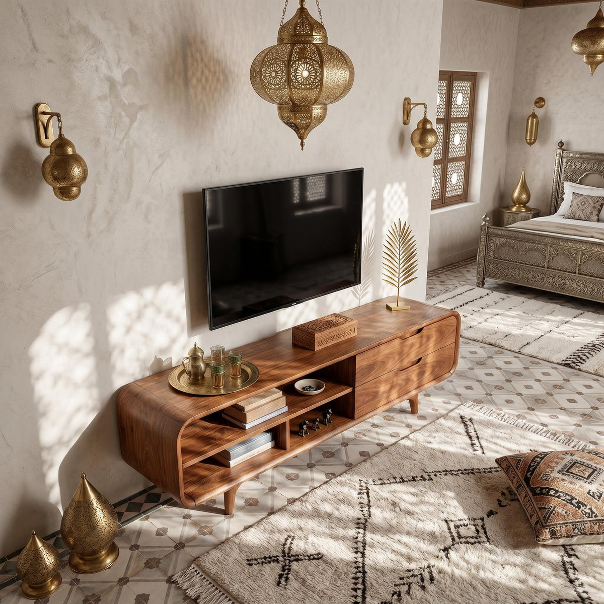 Luxury Walnut TV Cabinet & Media Console, Elegant Master Suite TV Stand with Storage Cupboards, Solid Wood