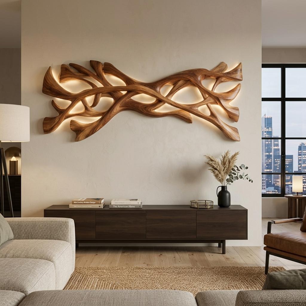 Organic Wood Wall Art, 3D Abstract Wave Hand-Carved Wooden Sculpture Panel for Contemporary Home Accent