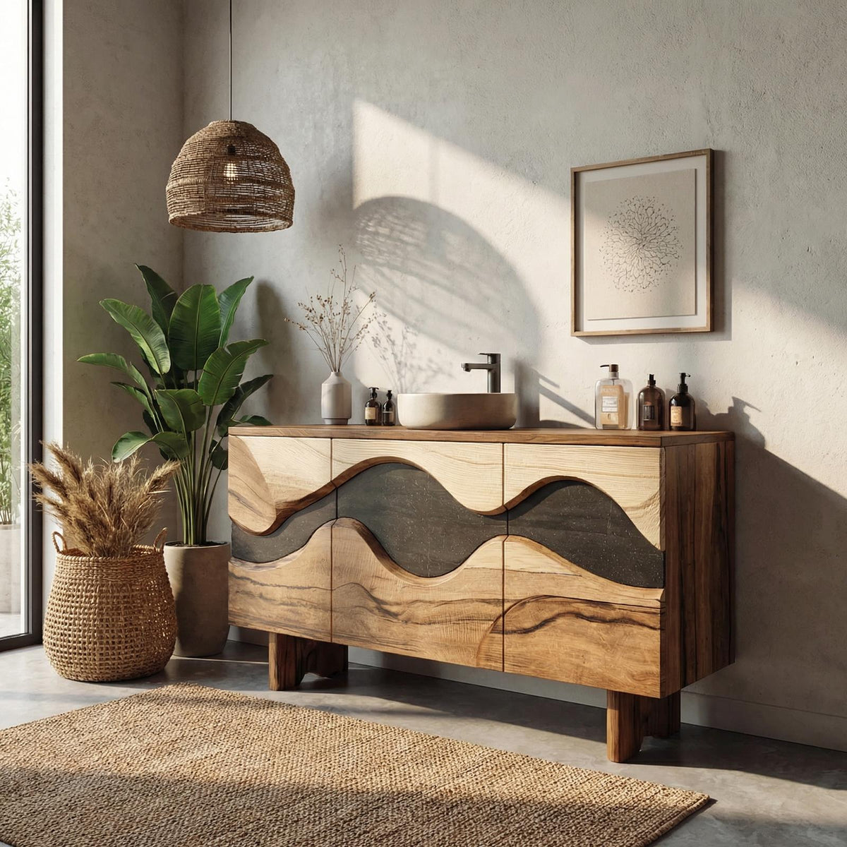 Sculptural Wave Bathroom Vanity Solid Wood Curved Front Cabinet Design Bathroom And Vanity Space SINLHABCT017