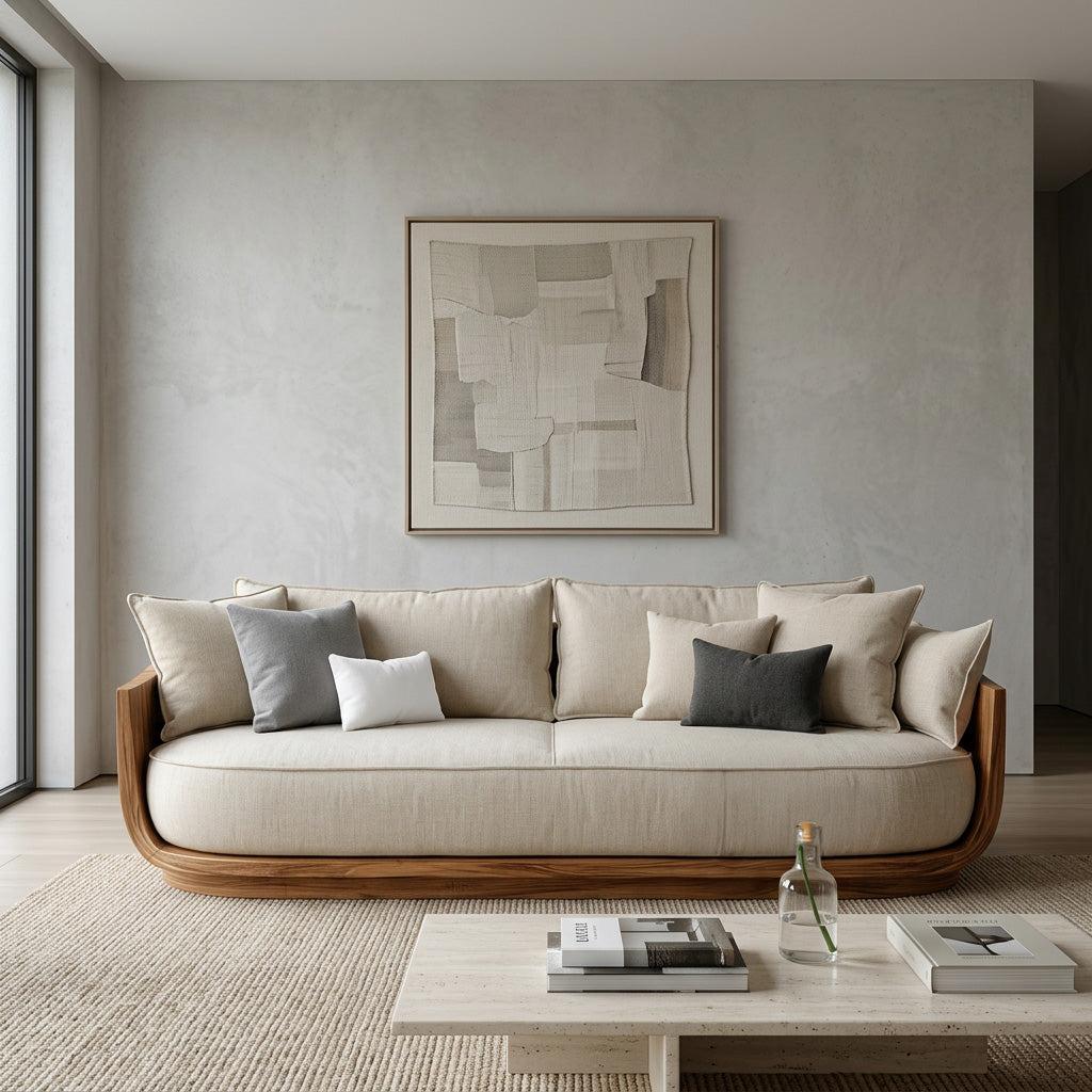 Modern Wooden Sofa with Flowing Rounded Edges, Contemporary Settee Loveseat, Living Room Designer Couch