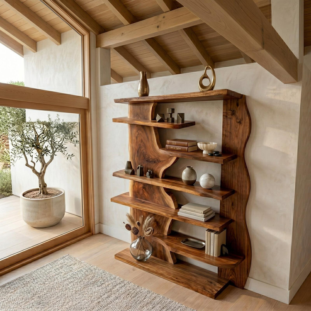 Organic Live Edge Wooden Standing Shelf, Rustic Tiered Bookcase Natural Slab Wood Display Rack for Living Room