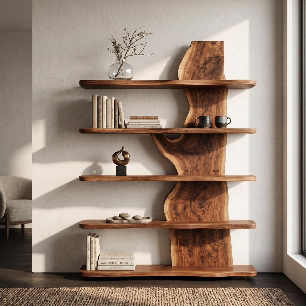 Handcrafted Natural Wood Standing Shelf, Rustic Tiered Bookcase Display Organizer, Artisan Timber Storage Rack