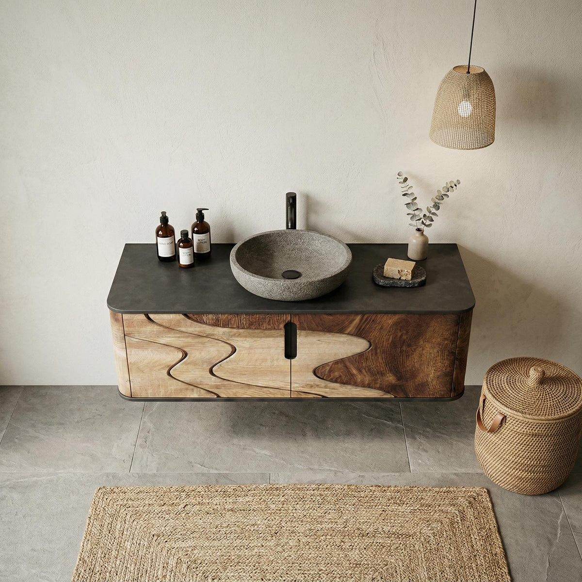 Organic Flow Bathroom Vanity Solid Wood Curved Front Storage Bathroom SINLHABCT018