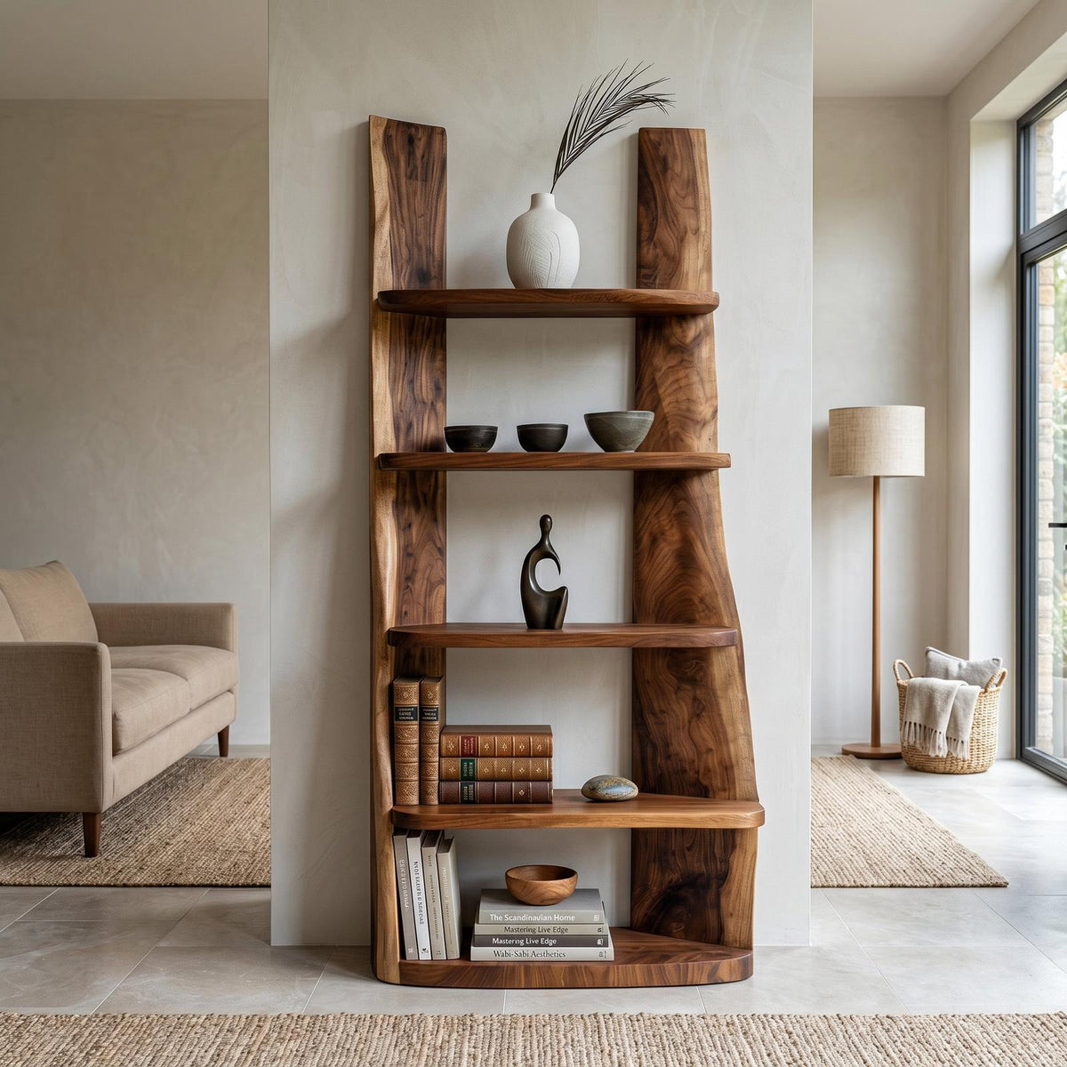 Mid-Century Wooden Bookshelf, Retro Timber Storage Display Shelving Rack for Apartment Living Room