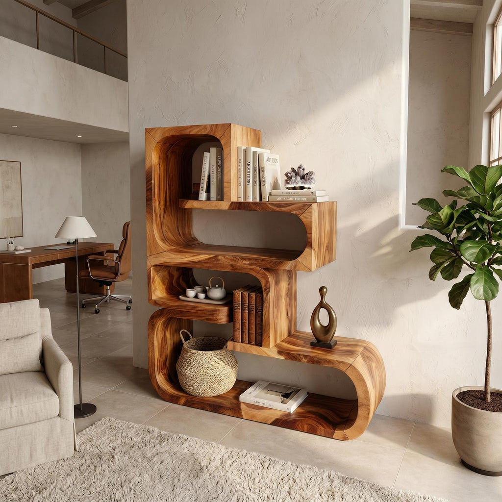 Contemporary Wave Edge Wooden Bookcase In Natural Finish SILDTTRBS056