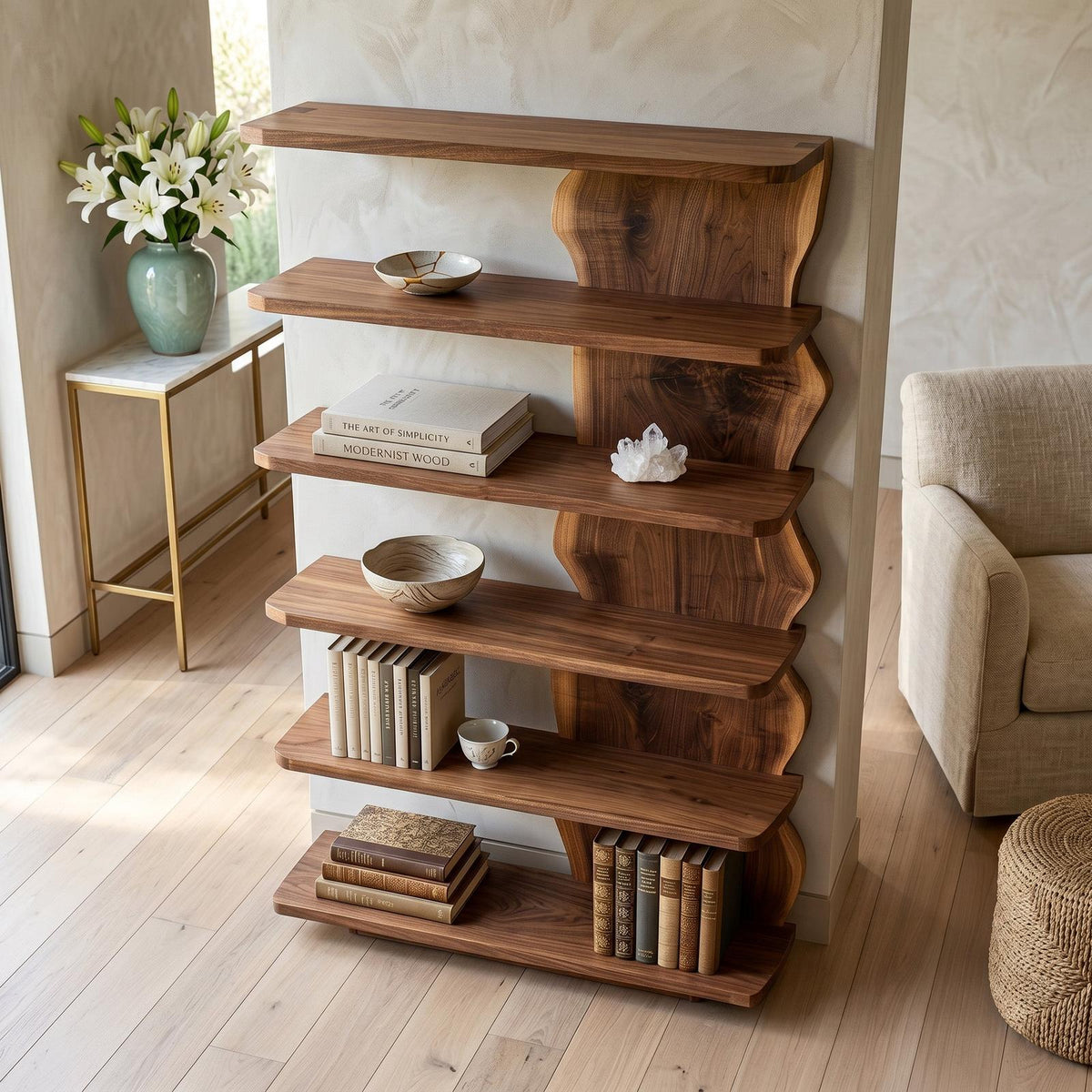 Scandinavian Natural Wood Corner Standing Shelf, Nordic Tiered Bookcase Display Organizer for Small Spaces