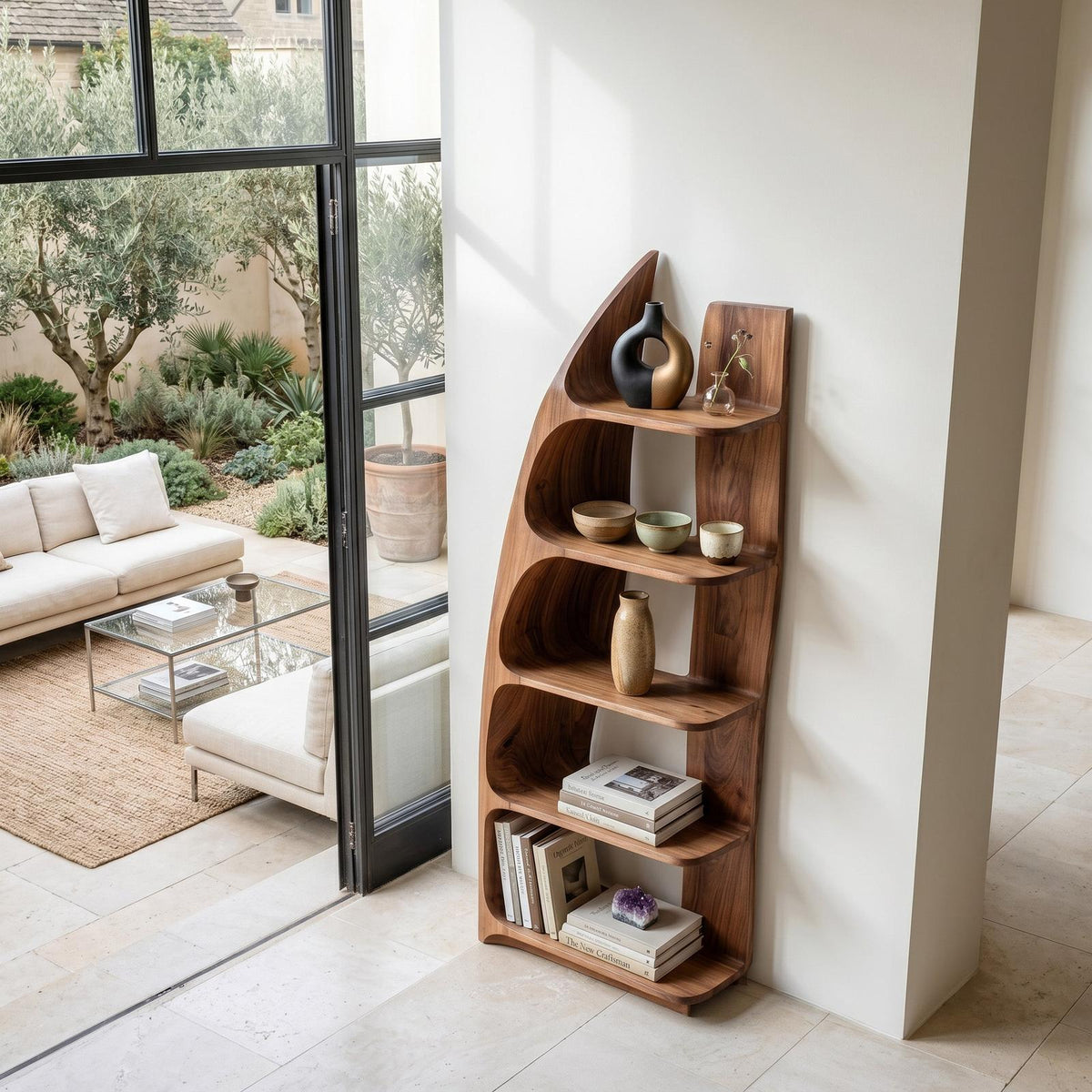 Organic Sculptural Wooden Standing Shelf, Artistic Tiered Bookcase Display Rack for Entryway Hallway Decor