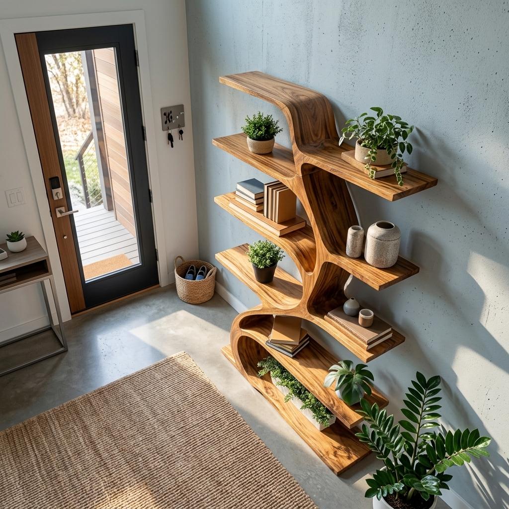 Minimal Natural Wood Bookshelf with Branch Design, Handcrafted Solid Wood Bookcase for Modern Living Room & Office
