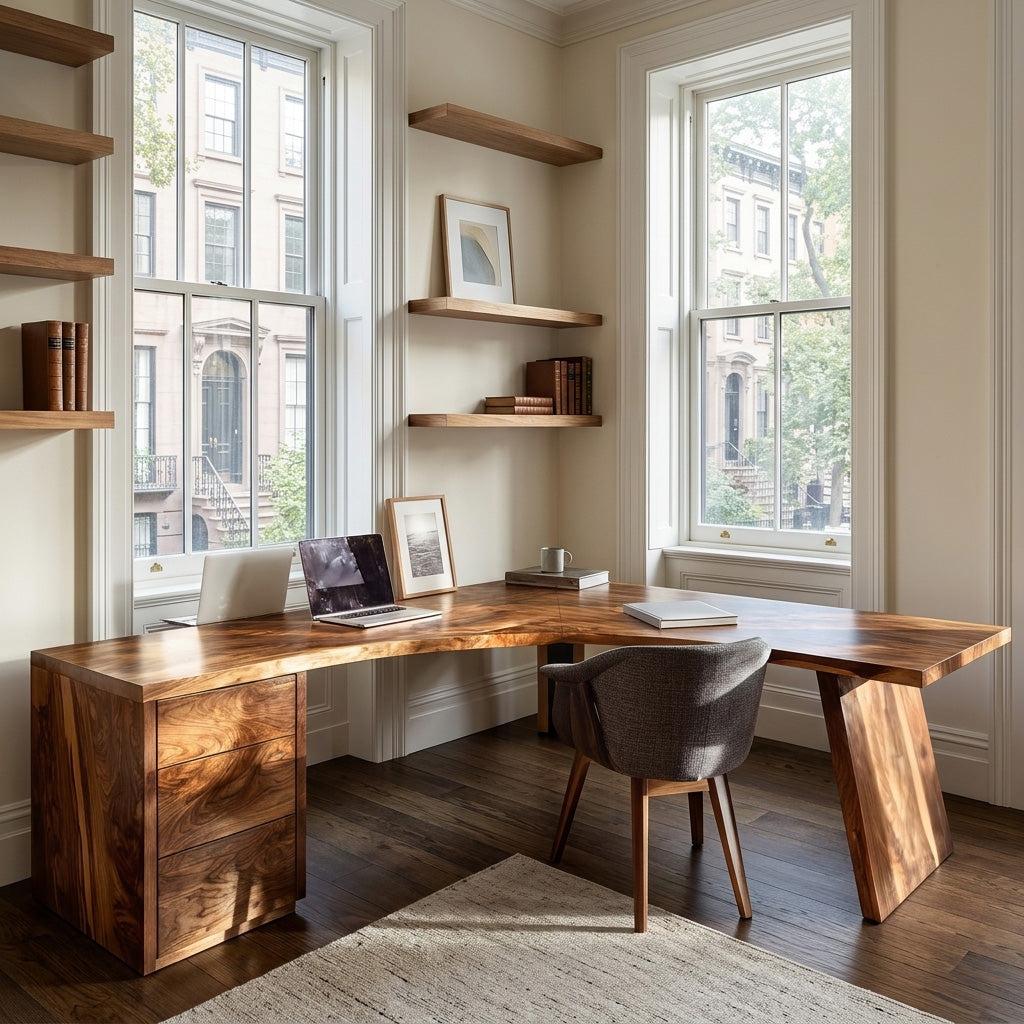 Rustic Wooden L-Shaped Desk For Bright Study Room