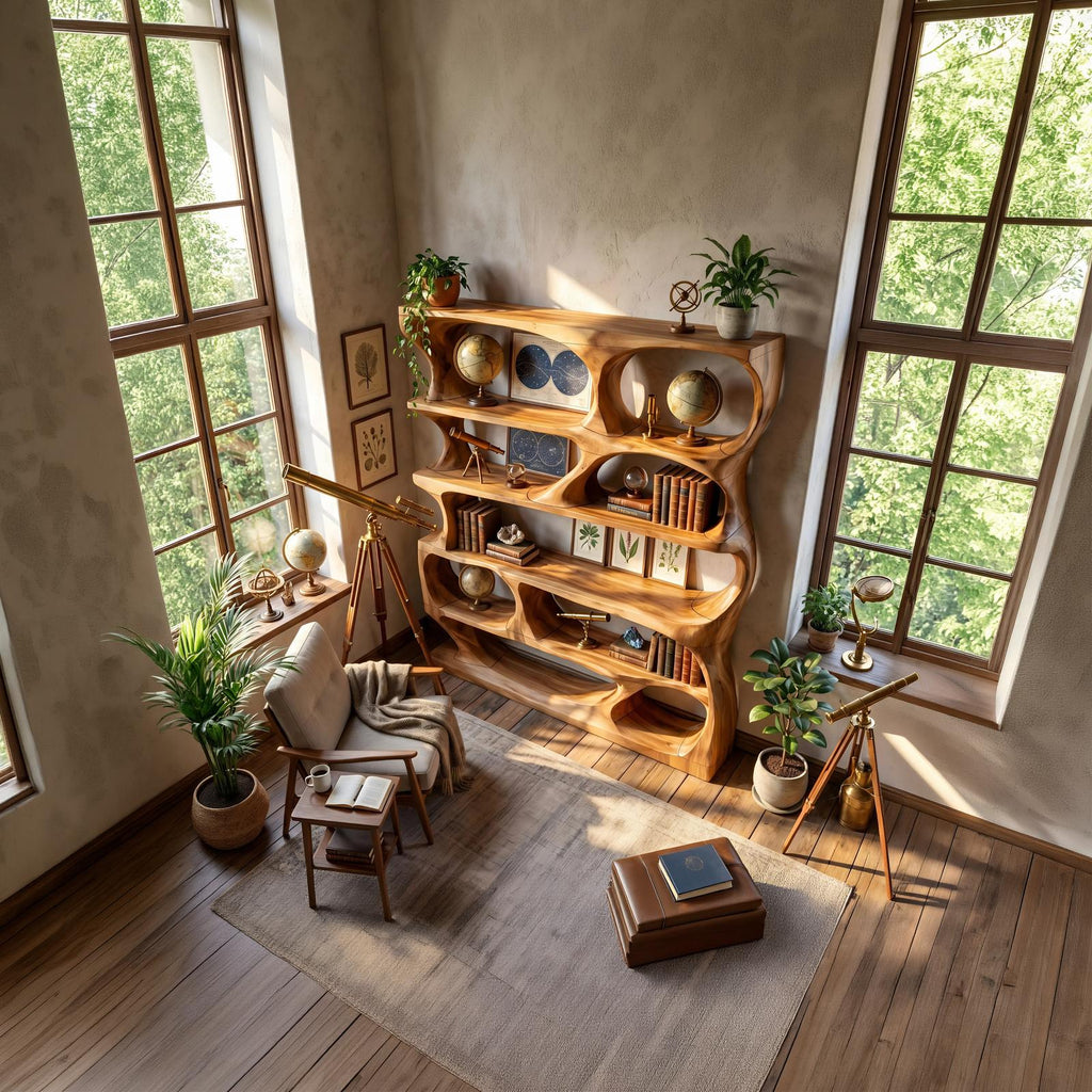 Minimalist Sculptural Bookshelf, Handcrafted Solid Wood Vertical Bookcase & Storage Display Organizer for Home Office