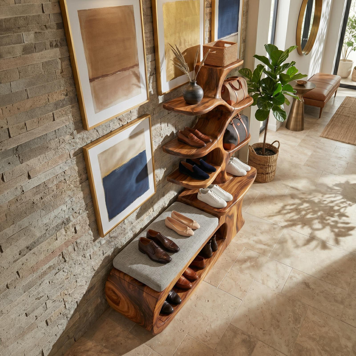 Japandi Solid Wood Shoe Rack Bench, Handcrafted Entryway Storage Shelf & Hallway Closet Organizer Stand