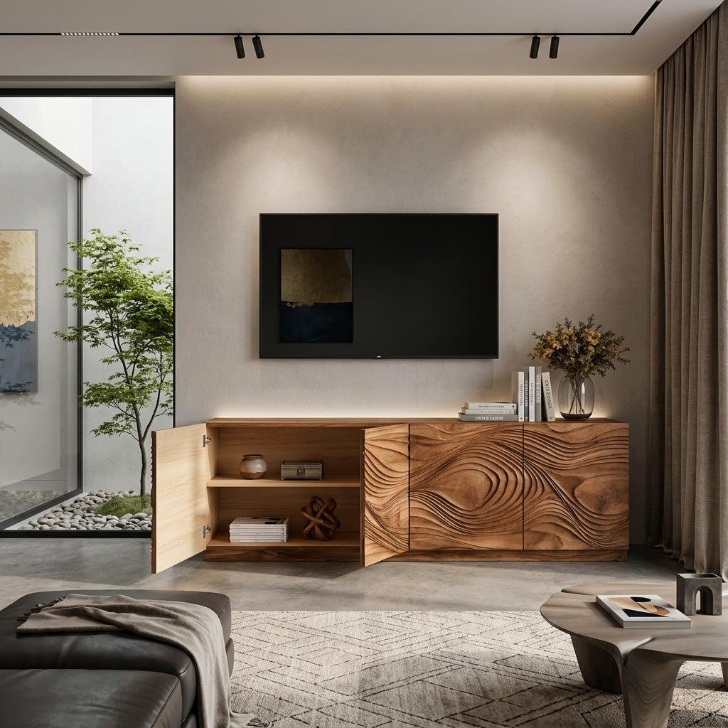 Artistic TV Console With Wave Pattern For Elegant Living Room