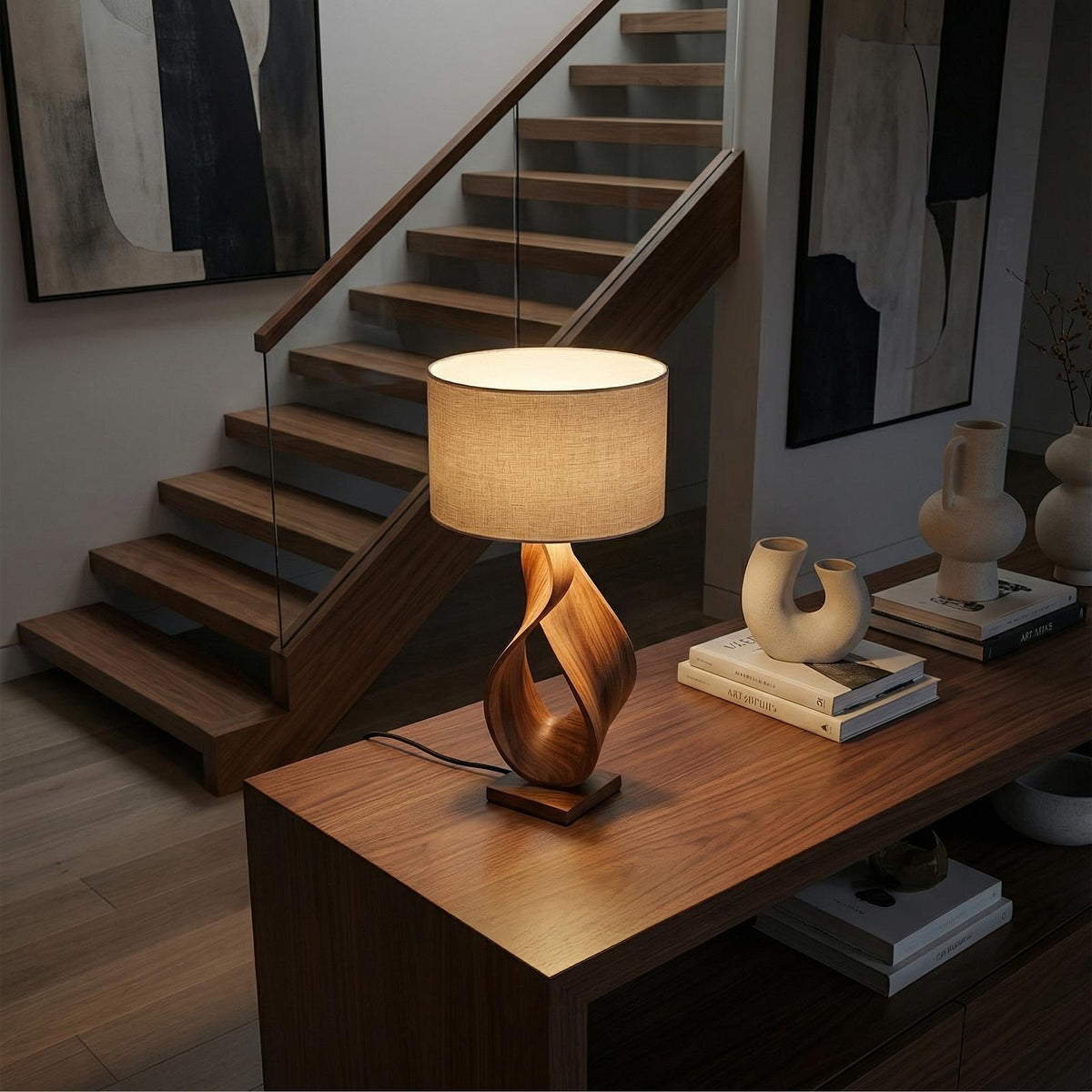 Contemporary Artistic Table Lamp, Creative Wood Desk Light for Home Office, Studio & Workspace
