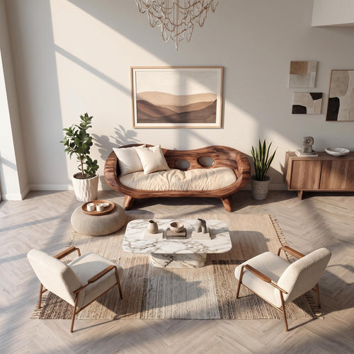 Artistic Sculptural Sofa with Curved Wooden Frame, Designer Lounge Settee Couch for Contemporary Living Room