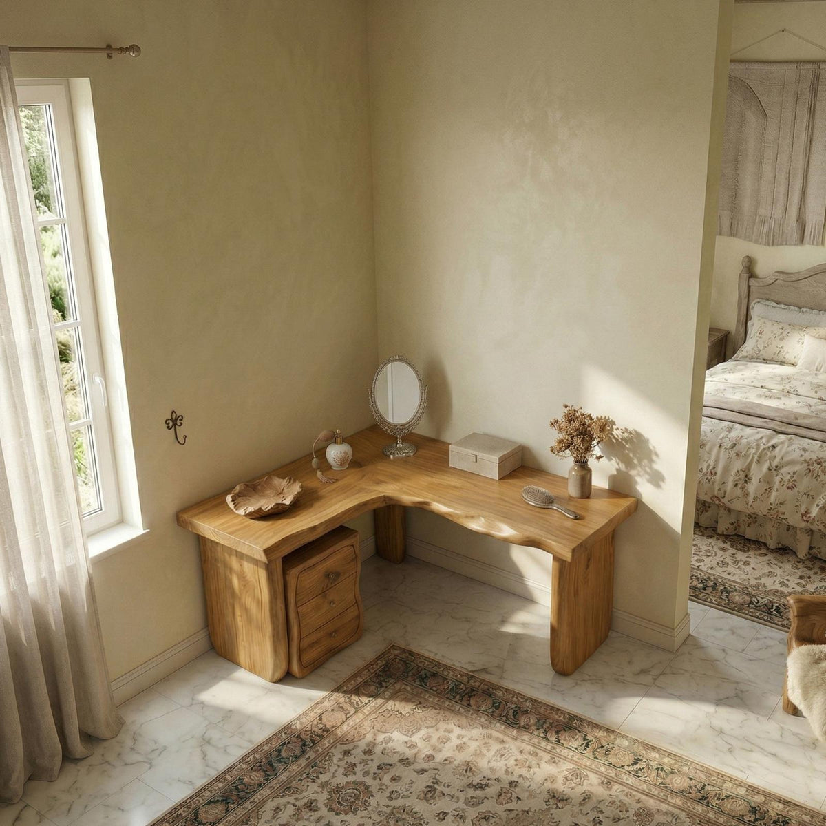 Minimal Organic Vanity Table Makeup Desk Corner L Shape Bedroom And Vanity Area SINLSABDT063