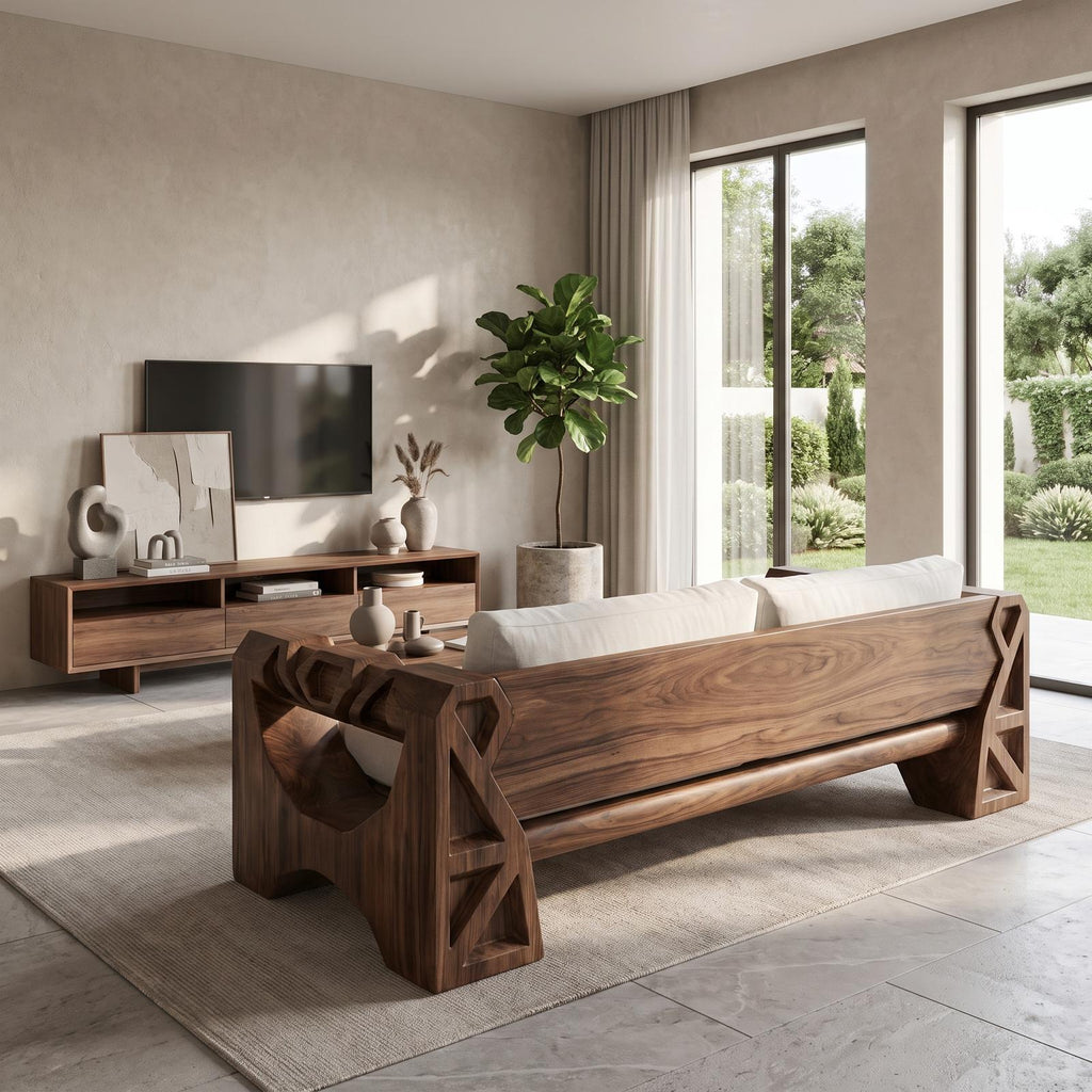 Handcrafted Sofa Frame With Sculptural Wood Armrests For Living Room