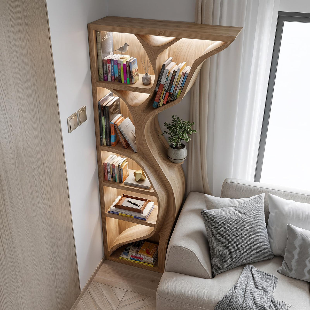 Modern Tree Wall Bookshelf Wooden Corner Shelf