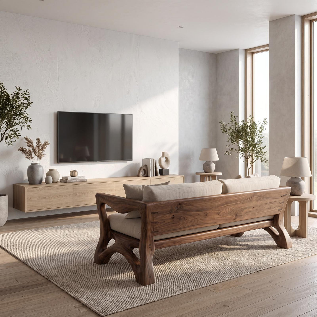 Sculptural Sofa Frame With Solid Wood Armrests For Living Room