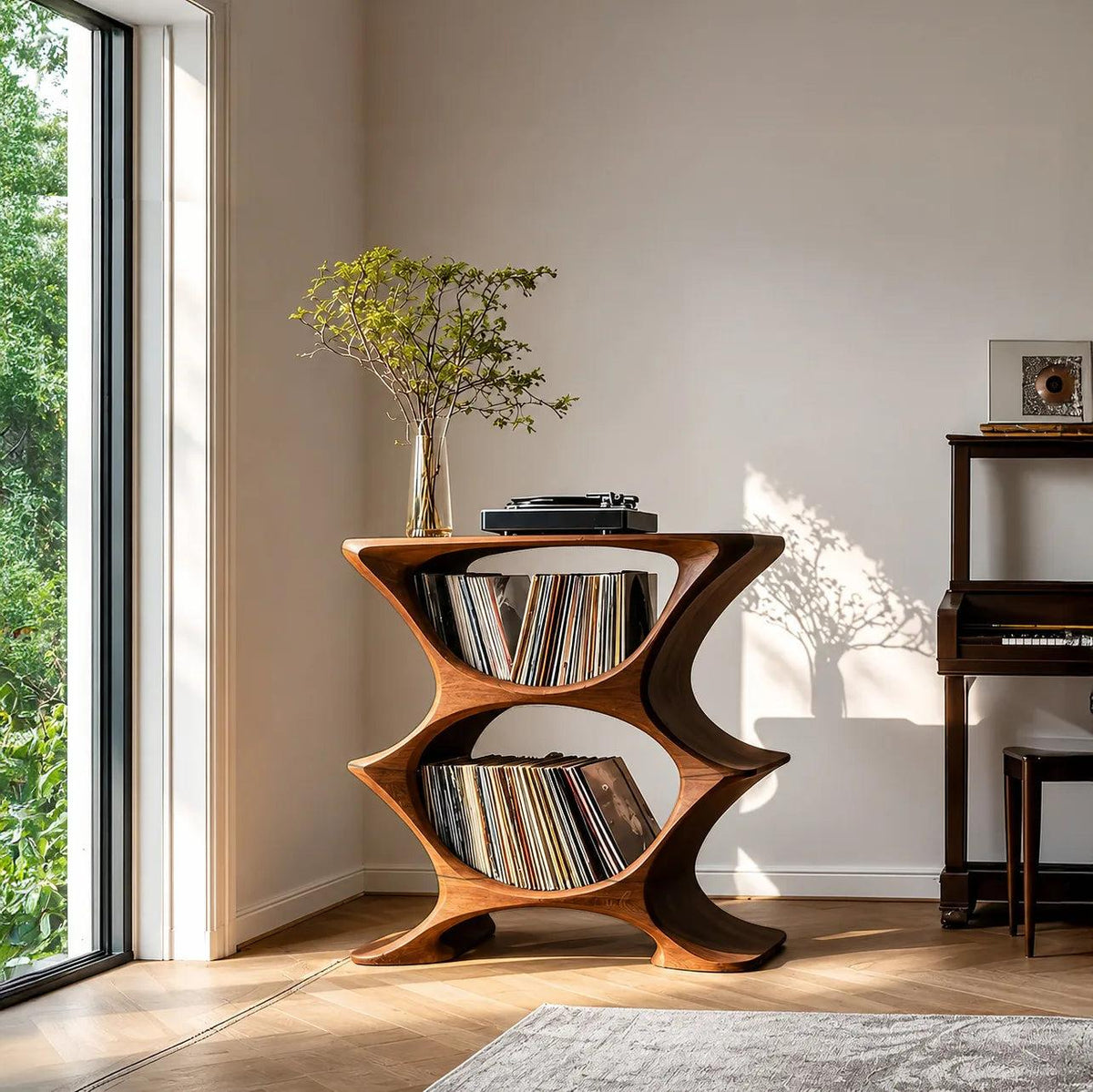 Contemporary Record Player Cabinet With 2-Tier Shelf For Living Room