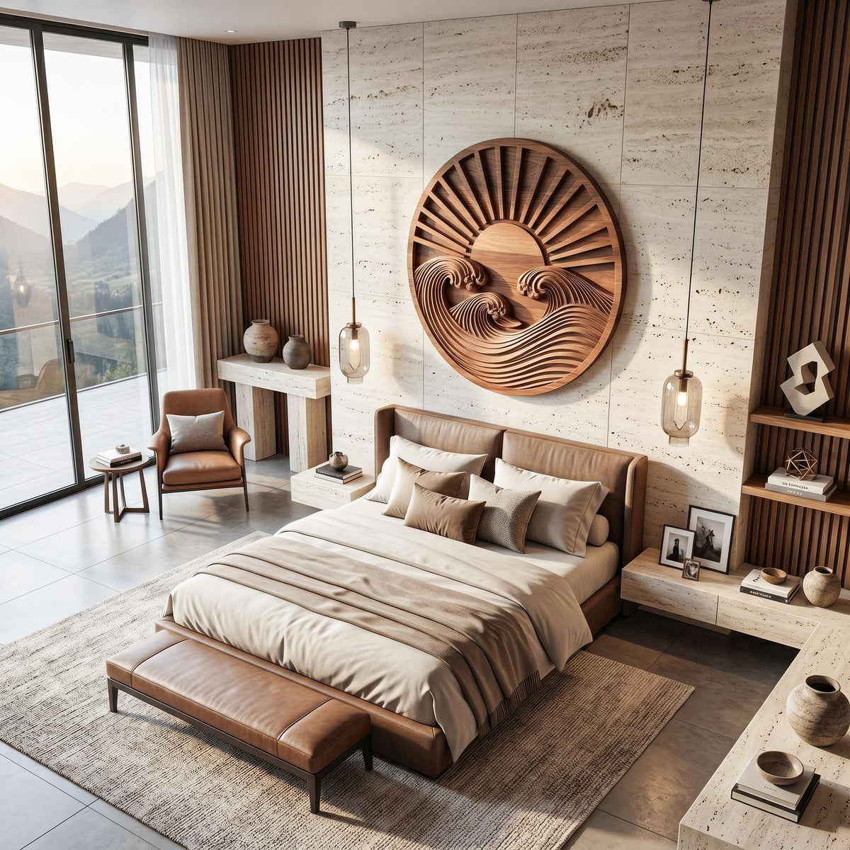 Round Wooden Wall Art with Carved Sun and Waves, Handcrafted Solid Wood Circular Relief Sculpture for Bedroom Decor