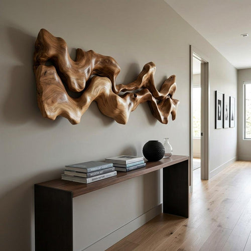 Abstract Hand-Carved Wall Art Sculpture, Modernist 3D Geometric Wooden Panel Decor for Bedroom Living Room