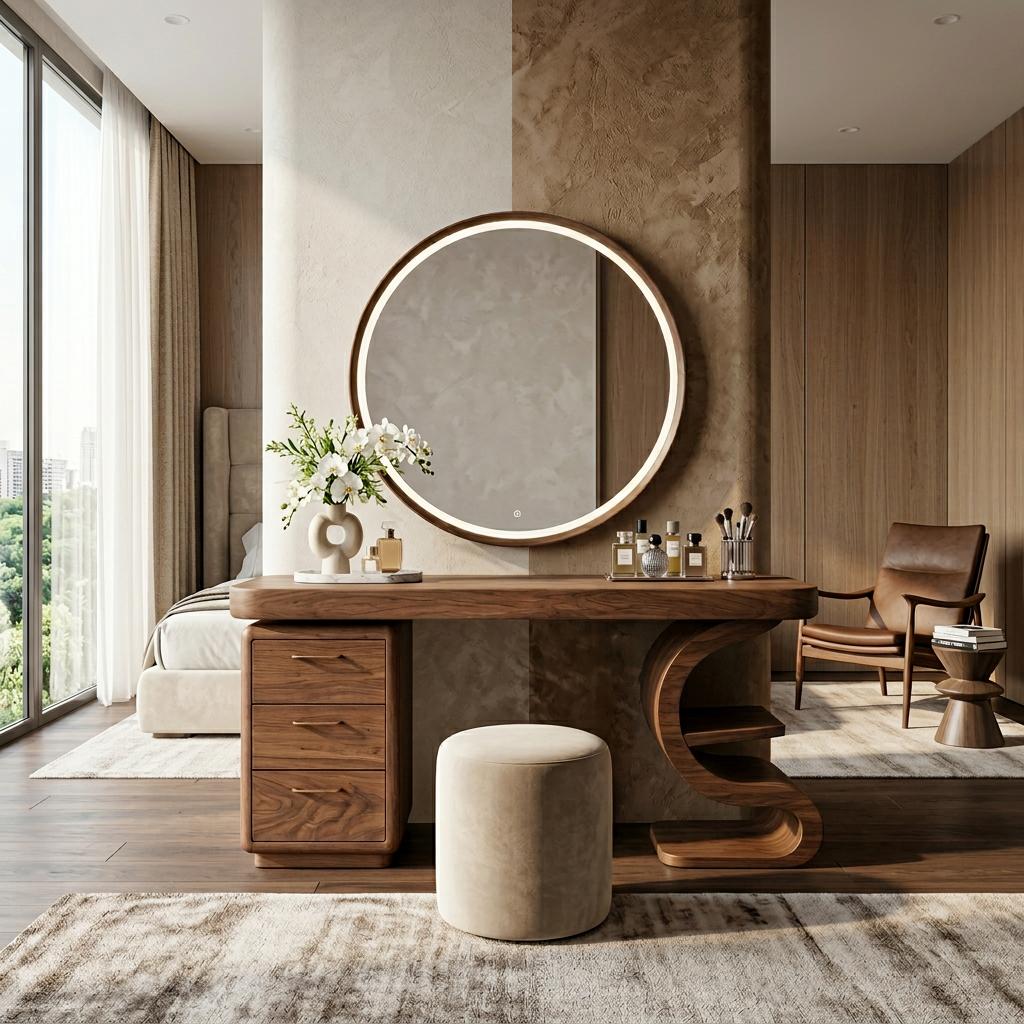 Spry Interior Modern Sculptural Vanity Table, Elegant Wooden Makeup Dressing Desk Console with Storage for Bedroom & Studio, SITHTTMV021
