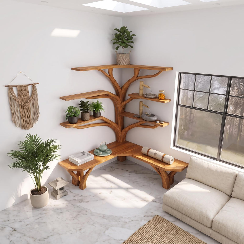 Rustic Corner Tree Shelf Reading Nook SINLSATB228