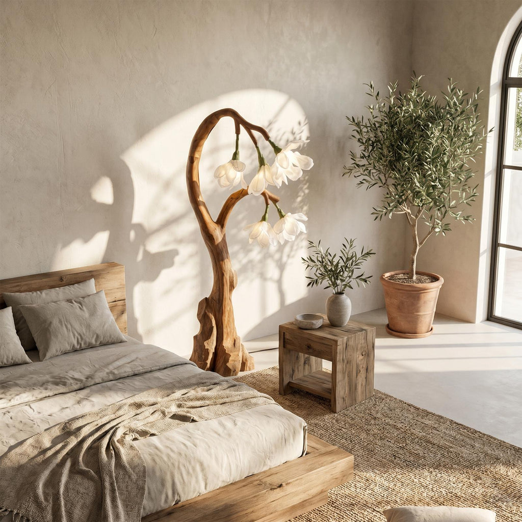 Artistic Floral Floor Lamp with Natural Wood Base, Aesthetic Standing Flower Light for Living Room, Model